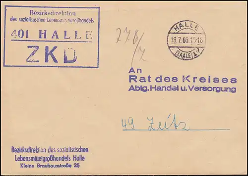 ZKD-Brief Bezirksdirektion Lebensmittegroßhandel HALLE/SAALE 19.7.66 nach ZEITZ