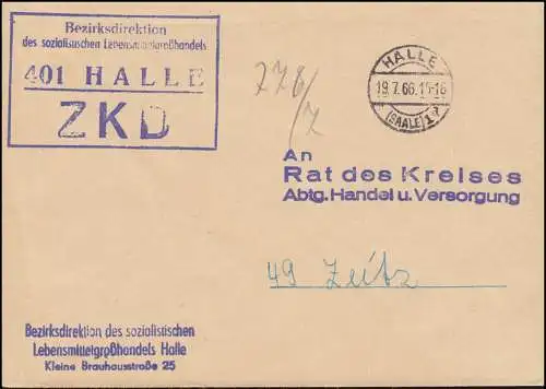 ZKD-Brief Bezirksdirektion Lebensmittegroßhandel HALLE/SAALE 19.7.66 nach ZEITZ