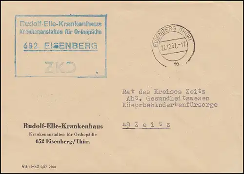 Lettre de l'hôpital de Rudolf-Elle ZKD Orthopädie EISENBERG 22.12.67 n. ZERTZ 27.12.