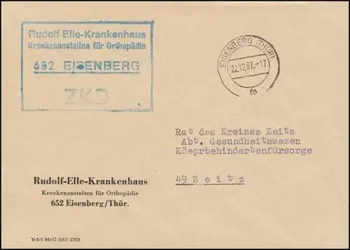 ZKD-Brief Rudolf-Elle-Krankenhaus Orthopädie EISENBERG 22.12.67 n. ZEITZ 27.12.