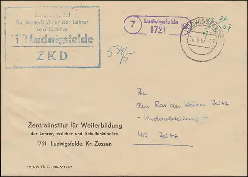 Lettre ZKD Institut central de formation continue LUDWIGSFELDE 18.5.67 par temps