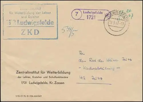 Lettre ZKD Institut central de formation continue LUDWIGSFELDE 18.5.67 par temps