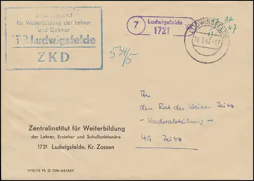 ZKD-Brief Zentralinstitut für Weiterbildung LUDWIGSFELDE 18.5.67 nach Zeitz