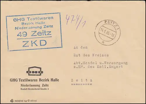 Lettre ZKD GHG Textiles District Halle succursale Zeitz Lettre locale 14.1.65