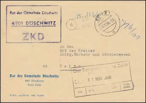 Lettre ZKD Conseil de la municipalité de Döschwitz Lieu-Lettre ZEITZ 15.11.66 au conseil de district