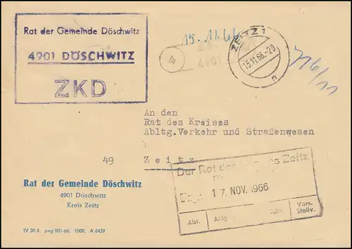 ZKD-Brief Rat der Gemeinde Döschwitz Orts-Brief ZEITZ 15.11.66 an den Kreisrat