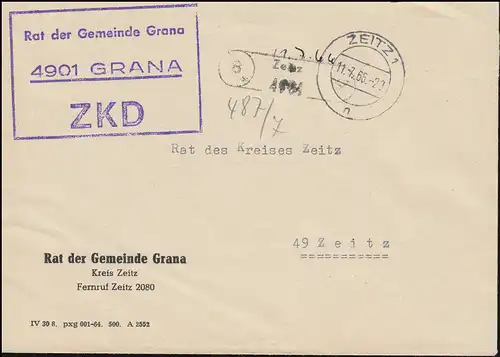 ZKD-Brief Rat der Gemeinde Grana auf Orts-Brief ZEITZ 11.7.66 an Rat des Kreises