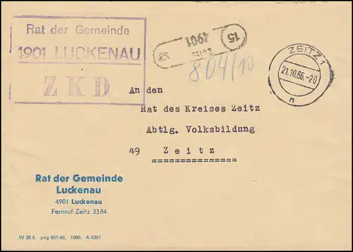 ZKD-Brief Rat der Gemeinde Luckenau Orts-Brief ZEITZ 21.10.66 an Rat des Kreises