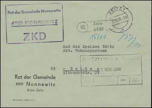 ZKD-Brief vom Rat der Gemeinde Nonnewitz Orts-Brief ZEITZ 15.11.66 an den Rat