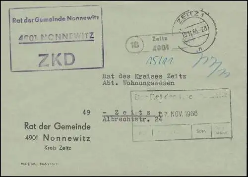 ZKD-Brief vom Rat der Gemeinde Nonnewitz Orts-Brief ZEITZ 15.11.66 an den Rat
