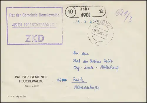 Lettre ZKD Conseil de la municipalité de Heuckewalde comme lettre locale ZEITZ 15.3.65