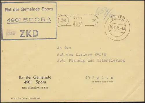 ZKD-Brief Rat der Gemeinde Spora als Orts-Brief ZEITZ 16.6.65 an Rat des Kreises