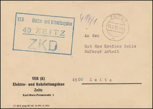 ZKD-Brief VEB Elektro- und Rohrleitungsbau Zeitz als Orts-Brief 13.1.65