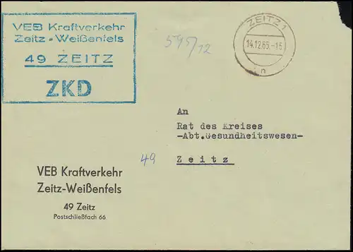 ZKD-Brief Kraftverkehr Zeitz-Weißenfels Brief ZEITZ 14.12.65 an Rat des Kreises