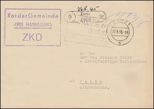 ZKD-Brief Rat der Gemeinde Haynsburg Orts-Brief ZEITZ 27.8.65 an Rat des Kreises