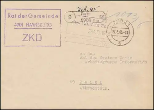 ZKD-Brief Rat der Gemeinde Haynsburg Orts-Brief ZEITZ 27.8.65 an Rat des Kreises