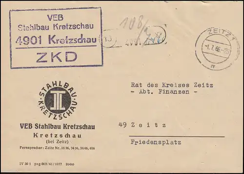 ZKD-Brief VEB Stahlbau Kretzschau Orts-Brief ZEITZ 1.7.66 an den Rat des Kreises