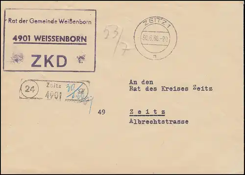 ZKD-Brief Rat der Gemeinde Weißenborn Orts-Bf. ZEITZ 30.6.66 an Rat des Kreises