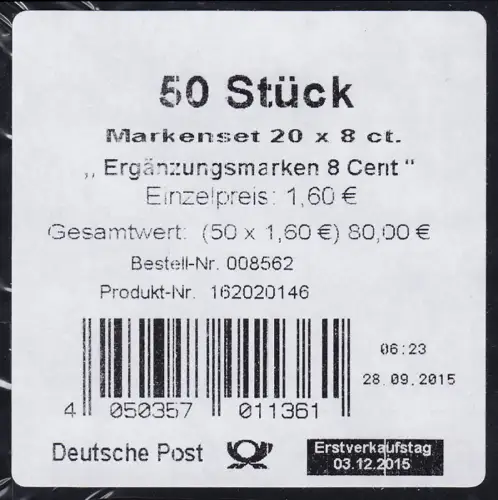 FB 51 Ergänzungsmarke 8 Cent, Folienblatt-BANDEROLE für 50 Markensets