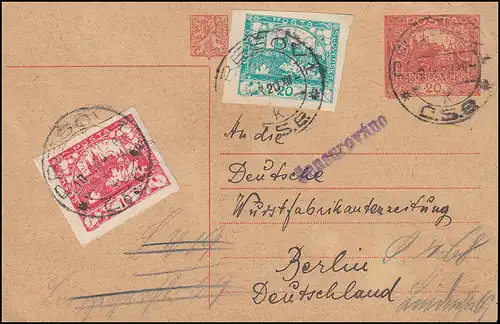 Censure Tchécoslovaquie Carte postale P 16 avec supplément PESOV 9.9.20 à Berlin
