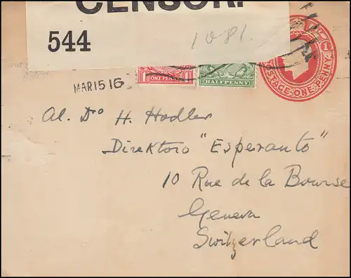 Royaume-Uni Censor 544 couverture U 19A avec supplément selon GENF 20.3.16