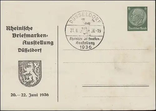 Privatpostkarte PP 127 Rheinische Briefmarken-Ausstellung SSt DÜSSELDORF 21.6.36