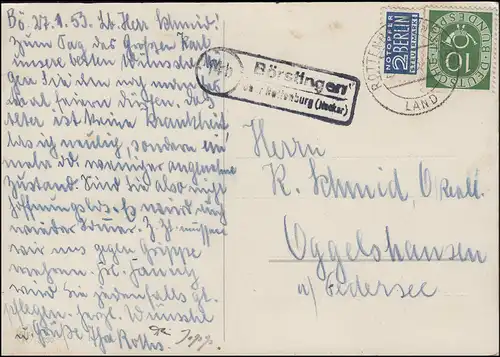 Landpost Börstingen über ROTTENBURG (NECKAR) LAND 29.1.1953 auf Glückwunschkarte