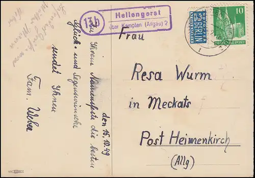 Landpost Hellengest sur KEMPTEN (ALLGÄU) 2 - 15.10.49 AK Fleurs n. Heimenkirch