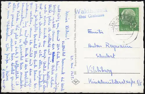 Landpost Waldhausen über GRAFENAU 21.1.58 auf Ansichtskarte nach Vilsbiburg