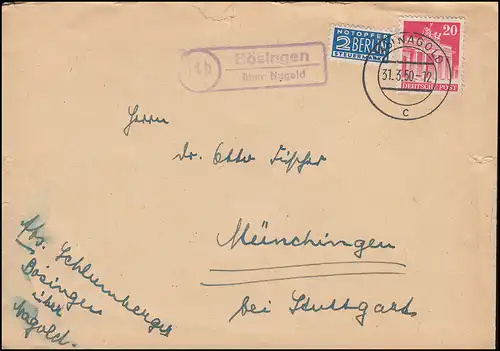 Timbre de poste de Boesingen par l'intermédiaire de NAGOLD 31.3.50 sur télex à Münchingen