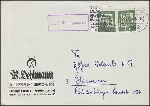 Landpost Röllinghausen auf Brief MeF 350y als Paar ALFELD (LEINE) 22.7.62