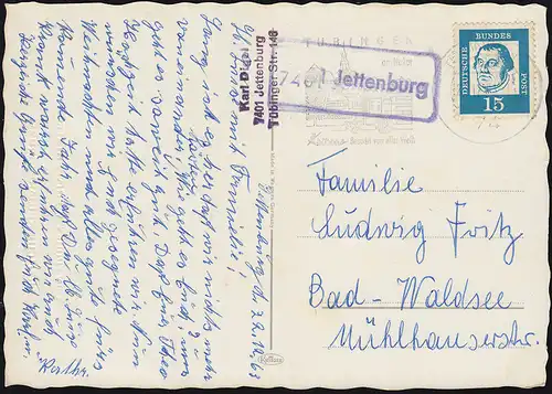 Landpost 7401 Jettenburg sur la carte du Nouvel An TÜBINGEN 22.12.63