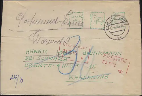 Roter Nachgebühr-Stempel mit Datum und mit T auf Brief STUTTGART 22.3.1959 