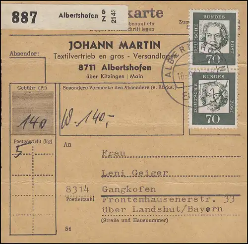 358yb Beethoven 2x 70 Pf MeF Paketkarte ALBERTSHOFEN 16.9.64 nach Gangkofen