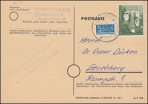 153 Bundesjugendplan 10 Pf. EF mit Notopfer Orts-Postkarte GEVELSBERG 21.10.52