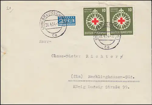 164 Dunant / DRK als Paar mit Notopfer als MeF auf Brief BRAUNSCHWEIG 28.4.54
