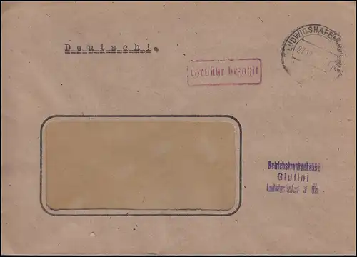 Gebühr-bezahlt-Stempel Fenster-Bf. Betriebskrankenkasse LUDWIGSHAFEN 27.11.47