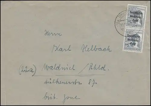186 SBZ-Aufdruck 2x 12 Pf. Arbeiter MeF Bf. DRESDEN 11.10.48 nach Waldniel/Rhld.