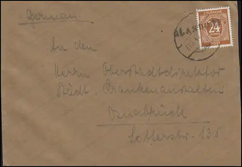 925 Ziffer 24 Pf.  EF auf Brief Einzeiler GLANDORF und stummer Stempel 31.8.46 