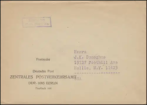 Affaire postale Deutsche Post ZENTRALES POSTTRALES AFFAIRE RDA - 1085 Berlin aux États-Unis