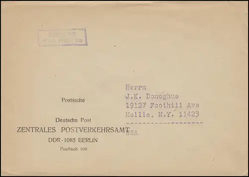 Postsache Deutsche Post ZENTRALES POSTVERKEHRSAMT DDR - 1085 Berlin in die USA