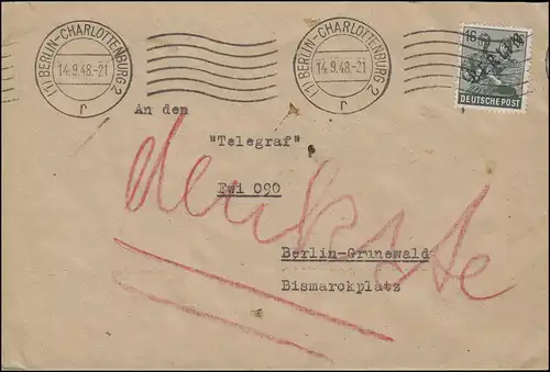 7 Schwarzaufdruck 16 Pf. EF portog. Orts-Brief BERLIN-CHARLOTTENBURG 14.9.1948