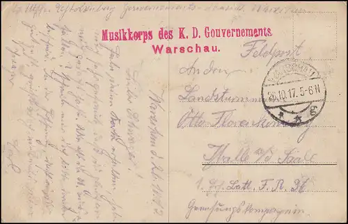 Feldpost Musikkorps des K.D. Gouvernements Warschau auf AK WARSCHAU 26.10.17