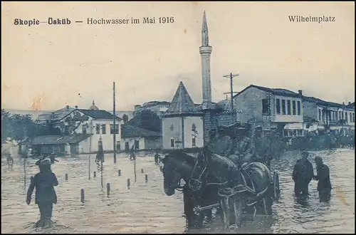 Feldpost K.D. Feldpoststation Nr. 22 - 27.8.16 auf AK Skopie Hochwasser Mai 1916