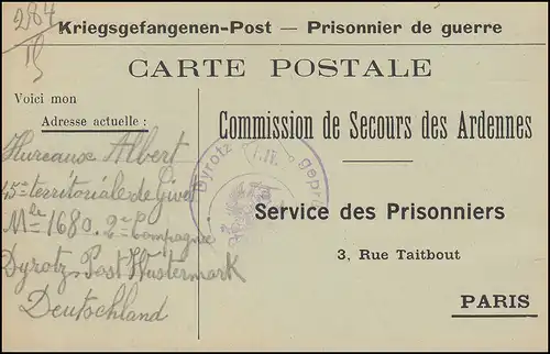 Kriegsgefangenenpost aus dem Lager Dyrotz / Wustermark Vordruckkarte nach Paris