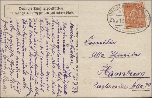 Bahnpost DRESDEN-HOF (SAALE) Zug 1013 - 11.8.22 auf Künstlerpostkarte Defregger