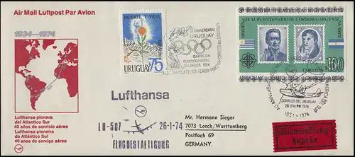 Poste de vol Lufthansa 40 ans Uruguay-Allemagne Bloc politique de bateau de navigation aérienne 26.1.74