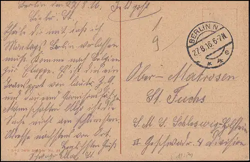 Marinefeldpost an Ober-Matrosen der SMS Schleswig-Holstein, BERLIN 27.8.1916