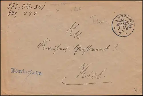 DEUTSCHE MARINE-SCHIFFSPOST No 176 - 7.11.1917 Hilfsschiff Bosnia, Marinesache