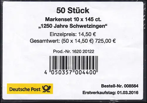 FB 54 Stadt Schwetzingen, Folienblatt-BANDEROLE ohne EAN-Code, Type II